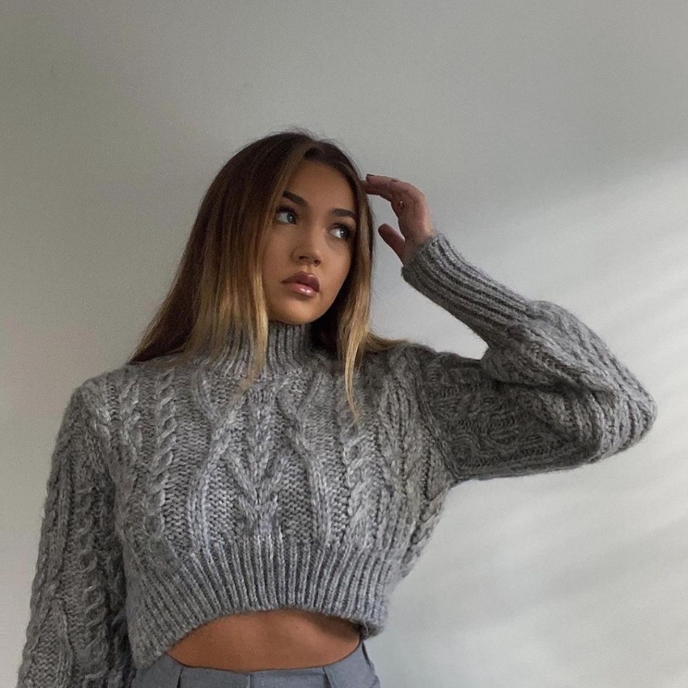 Zara Gray Grey Wool Cable Knit Crop Turtleneck Sweater Top 6771/137/803 sz S